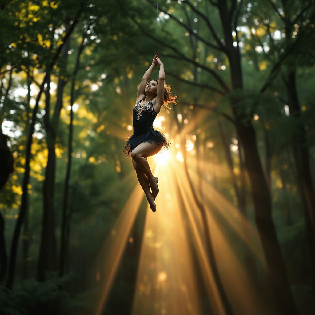 Gymnast's Grand Jeté in Misty Forest, Hyperrealistic Style