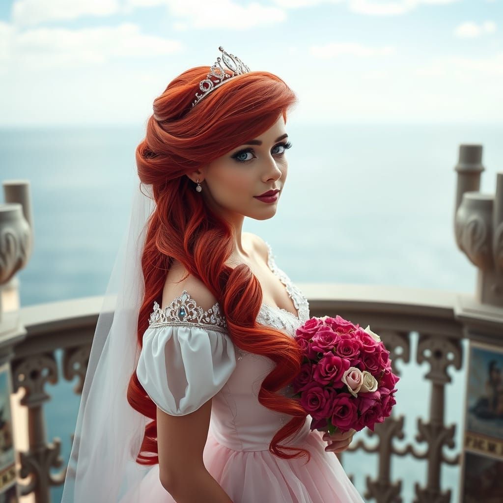 Ariel in Wedding Dress on Castle Balcony