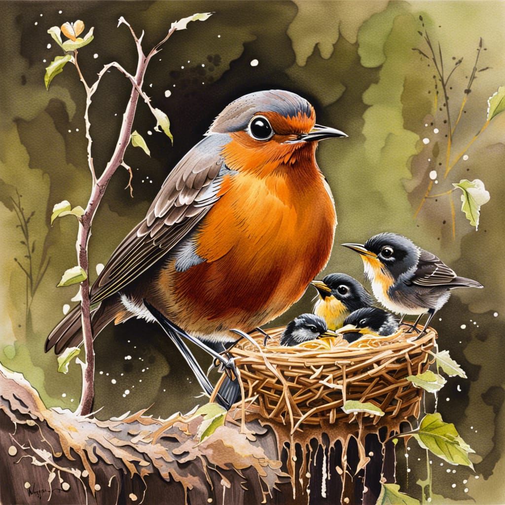 Robin Feeding Babies Ink Illustration