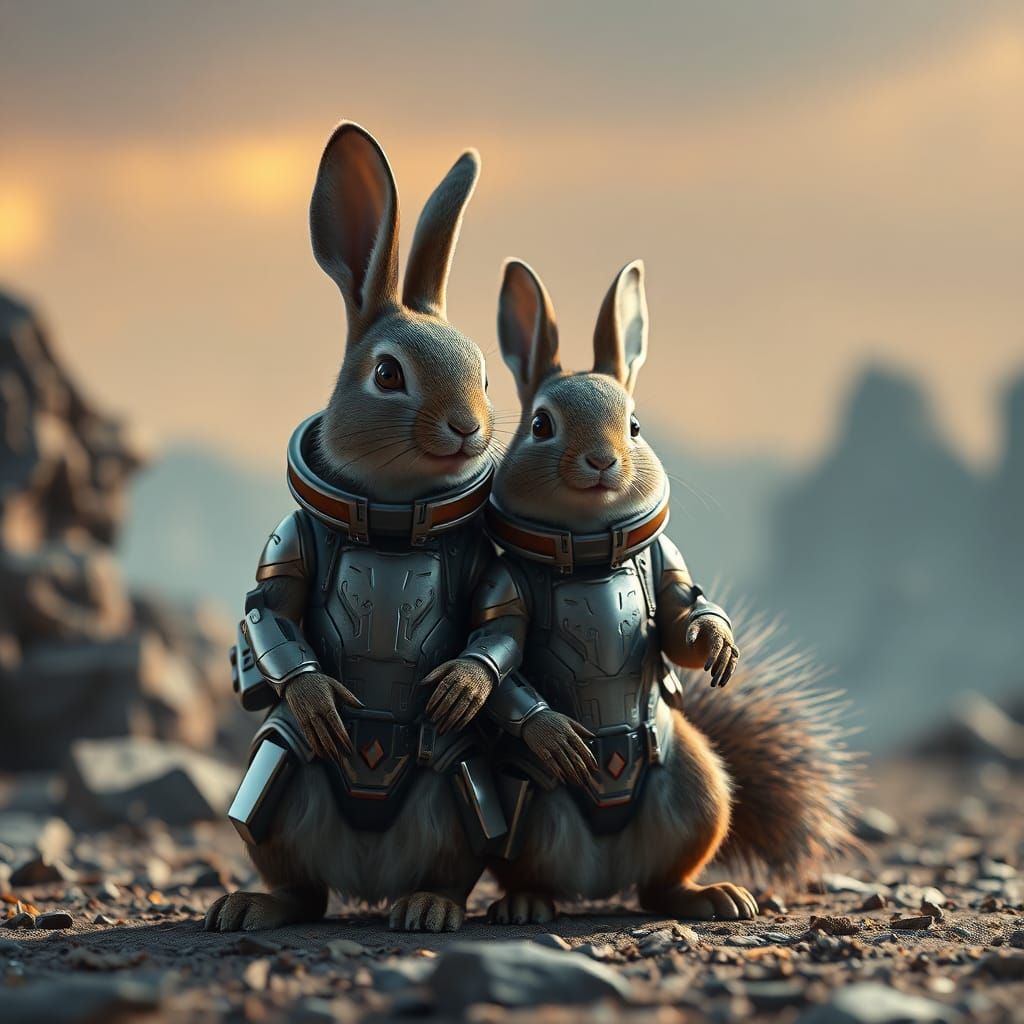 Futuristic Rabbit and Squirrel in Sci-Fi Landscape