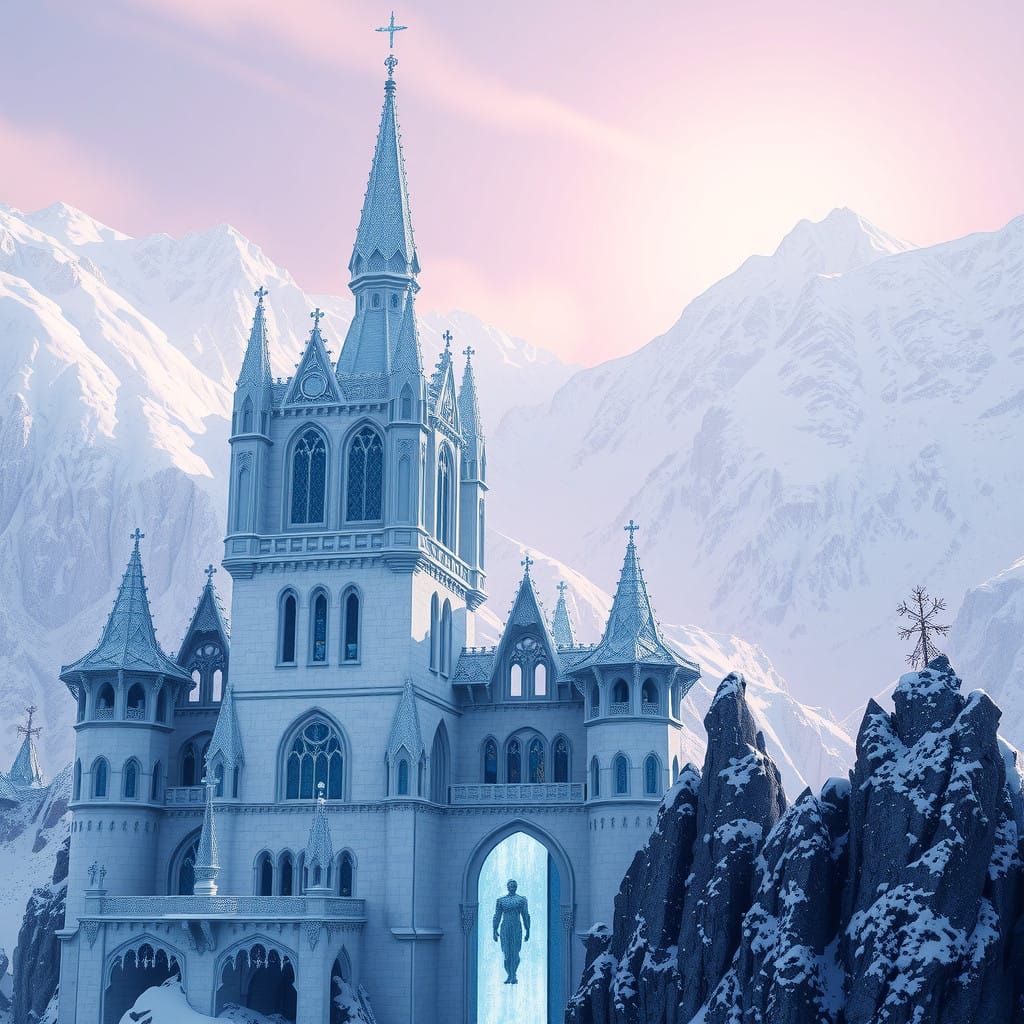Ethereal Winter Castle Amidst Snow-Encrusted Mountains in a...