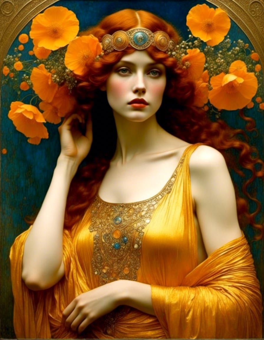 Golden Grecian Splendor in Waterhouse-Mucha-Klimt Style