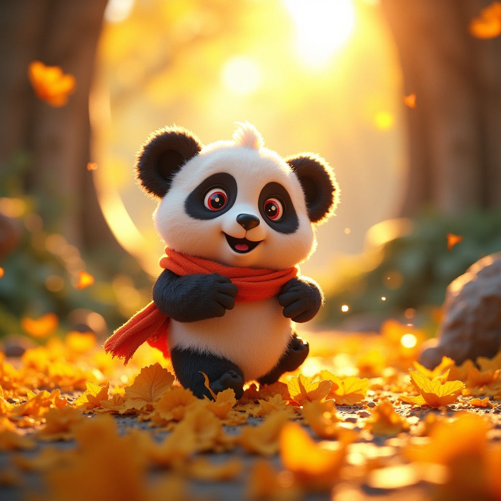 Cartoon Panda Plays in Leaves at Sunset