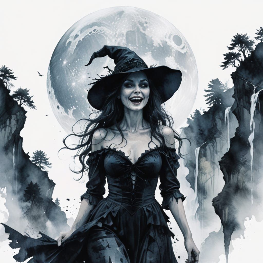 Mysterious Witch Silhouette Under Dark Fantasy Moonlight