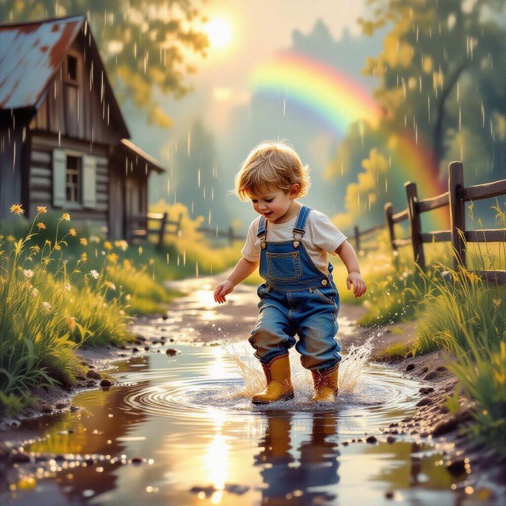 Boy Splashing in Puddles, Romantic Oil Painting