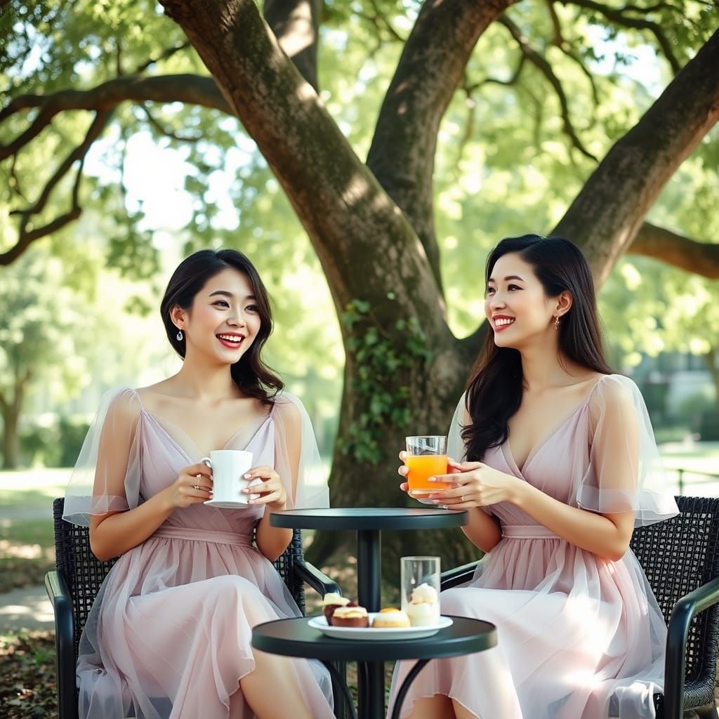 Oriental Women in Tulle Dresses Enjoying Afternoon Tea
