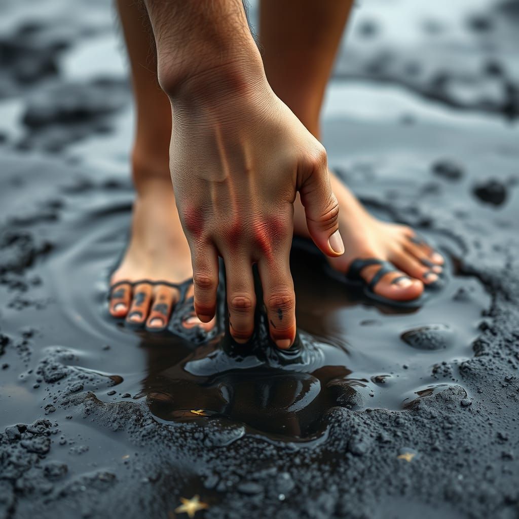 Close-Up of Hand Stuck in Tar