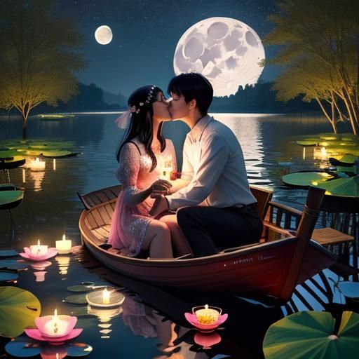 Romantic Couple Kissing on Lake with Lanterns