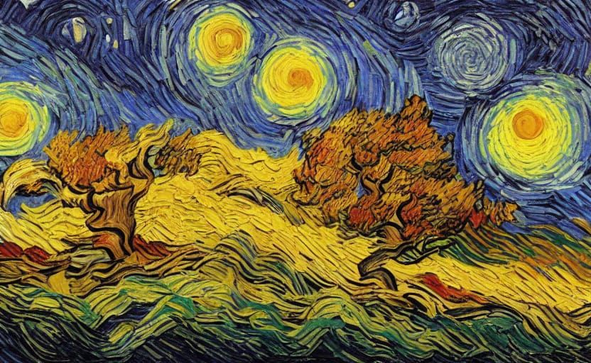 Rustic Village Under Starry Sky in Van Gogh Style