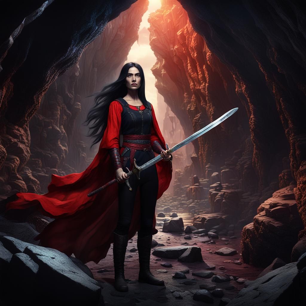 Spanish Woman Adventurer in Ominous Cavern