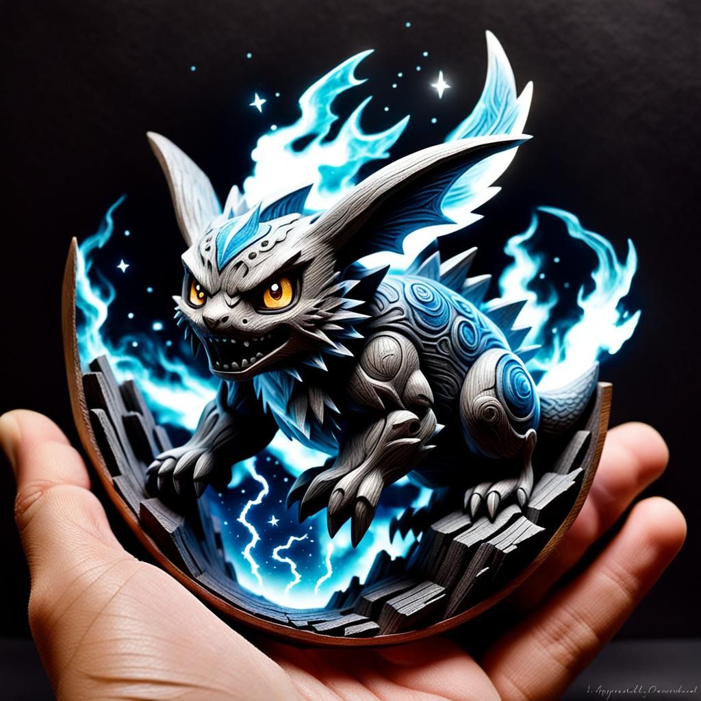 Hyperdetailed Wood Carving of a Pokémon Character