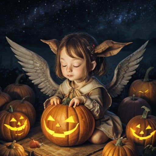 Tiefling Child Asleep on Giant Pumpkin: 3D Anime Art
