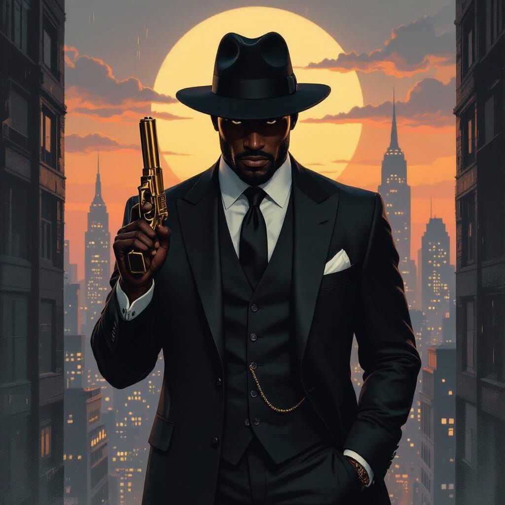 Ominous Cityscape Portrait with Golden Pistol