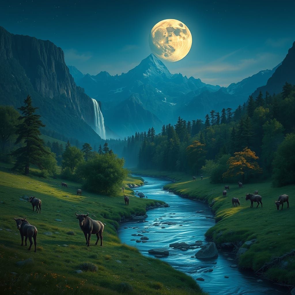 Lush River Landscape at Dusk Under Full Moon