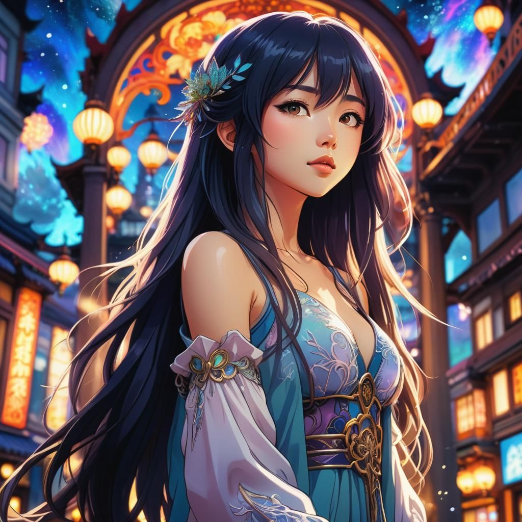 Anime Key Visual of Thuy in Art Nouveau Setting