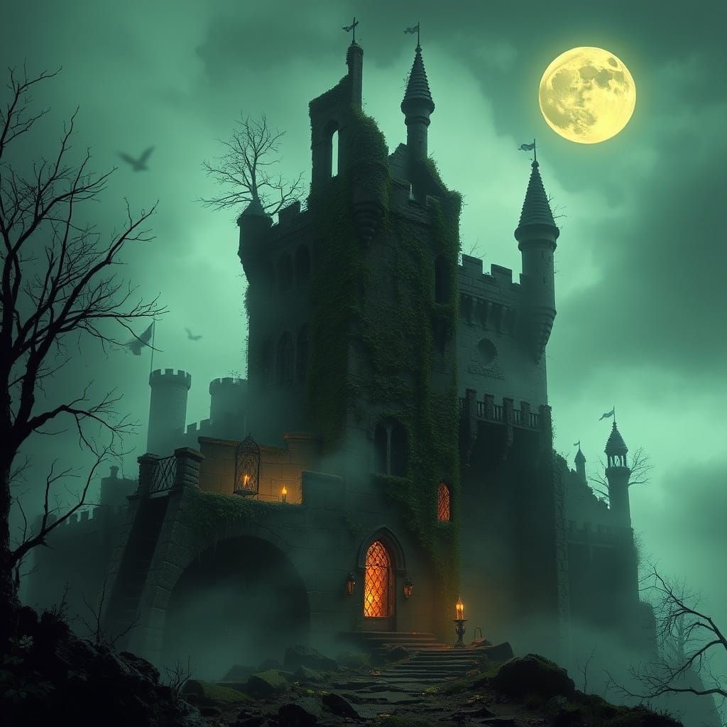 Eerie Abandoned Castle in Mysterious Moonlit Setting