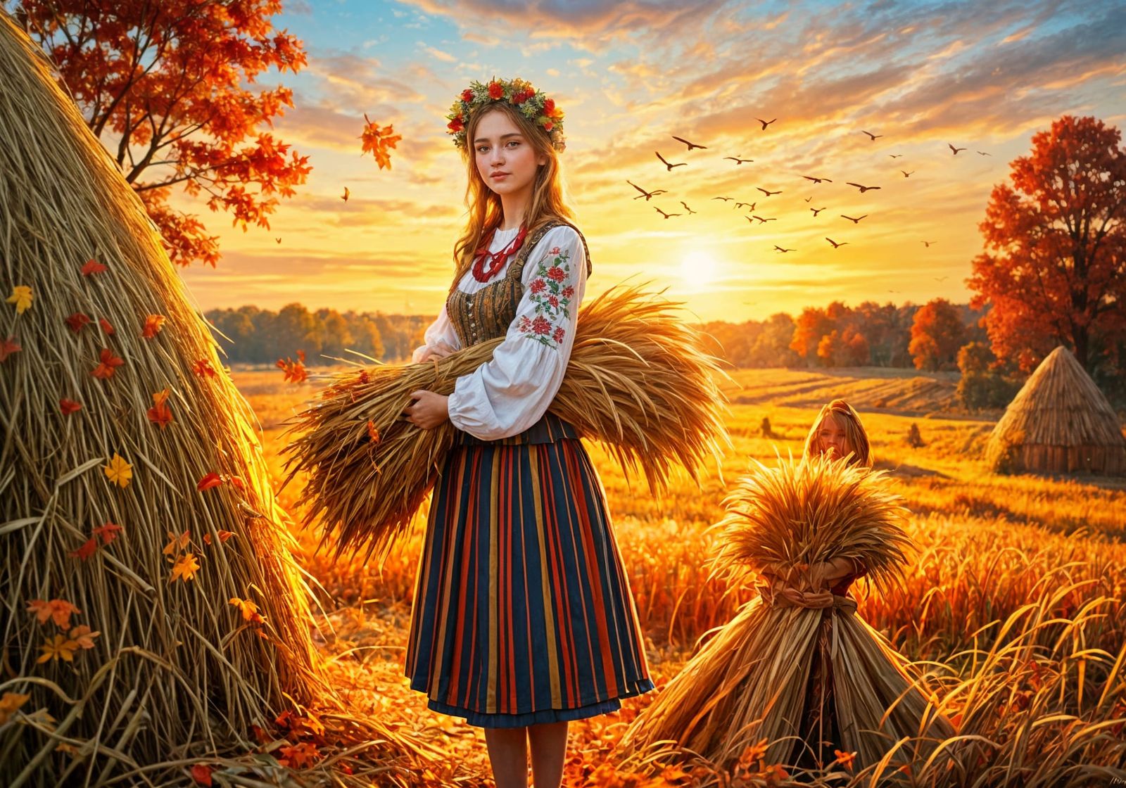 Woman in Polish Folk Costume Gathers Grain at Sunset