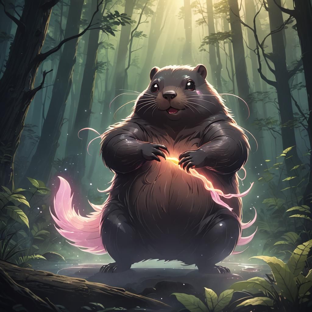 Anime Leech Beaver with Magical Aura in Misty Forest