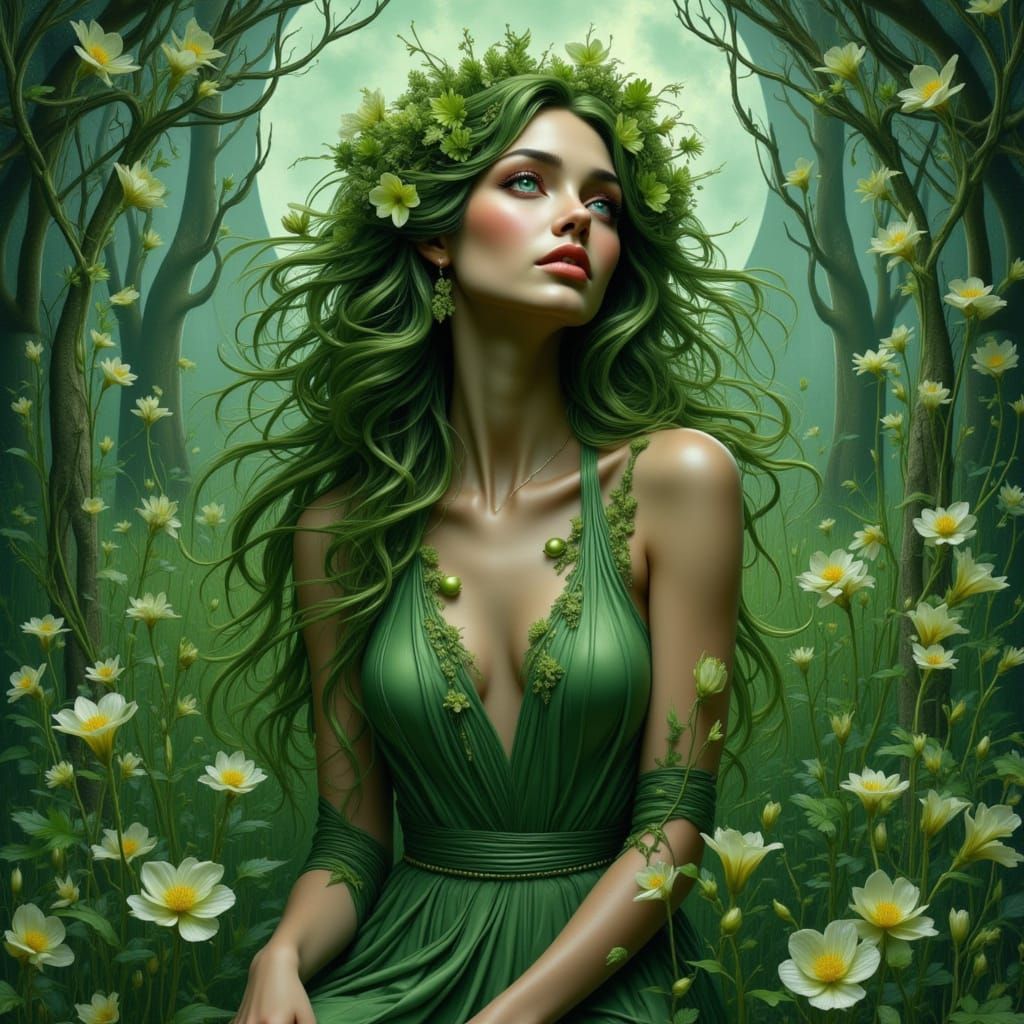 Ethereal Woman in Moonlit Floral Field