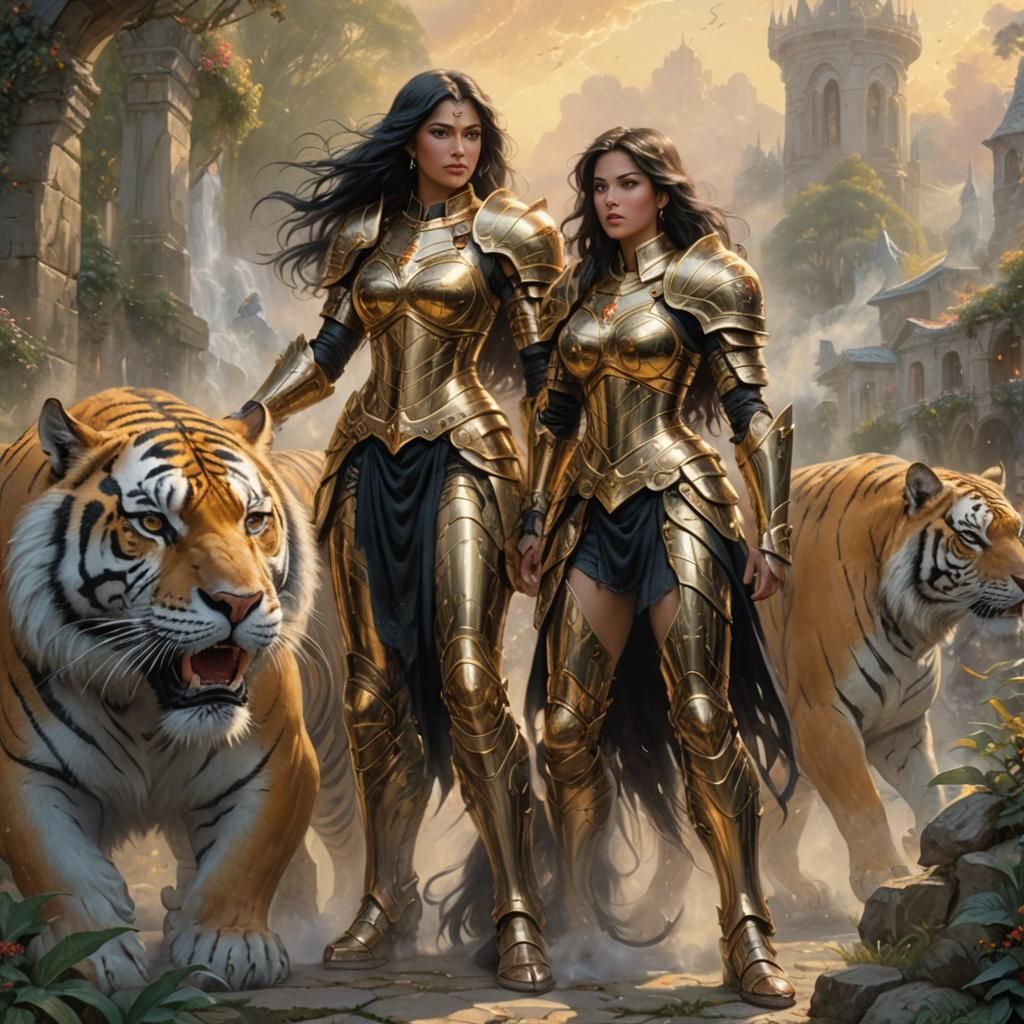 Latina Paladin with War Tiger in Ethereal Fantasy