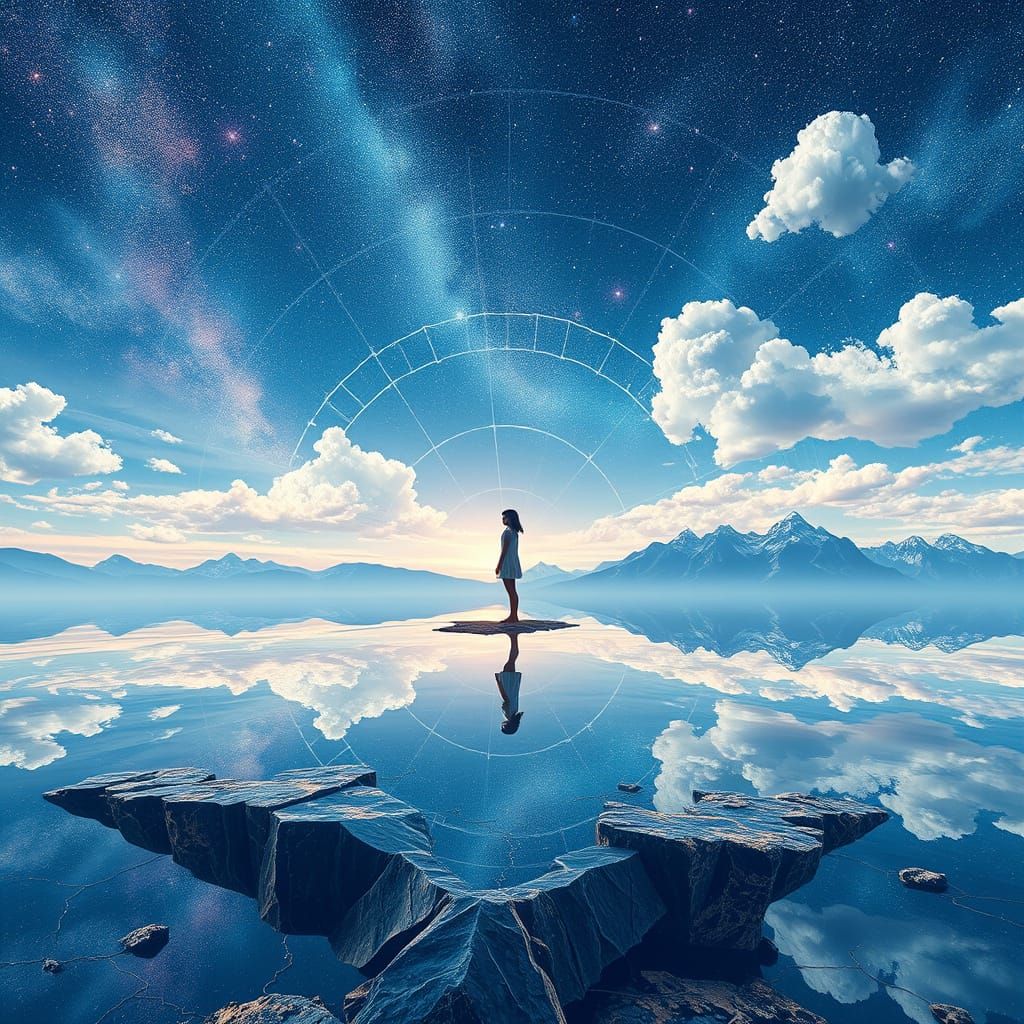 Cosmic Dreamscape with Reflected Girl and Jagged Mountains