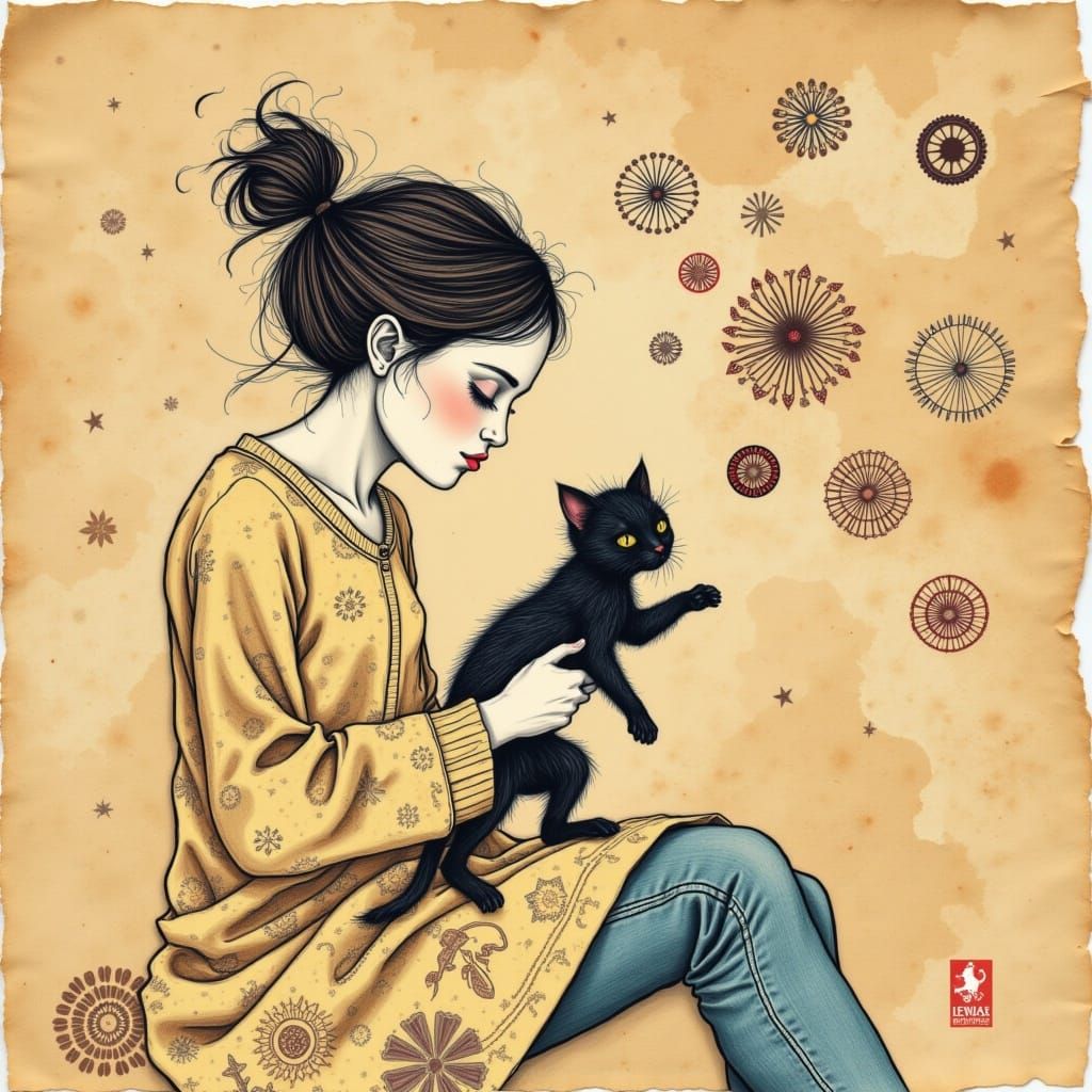 Woman Holding Black Kitten in Whimsical Watercolor Style