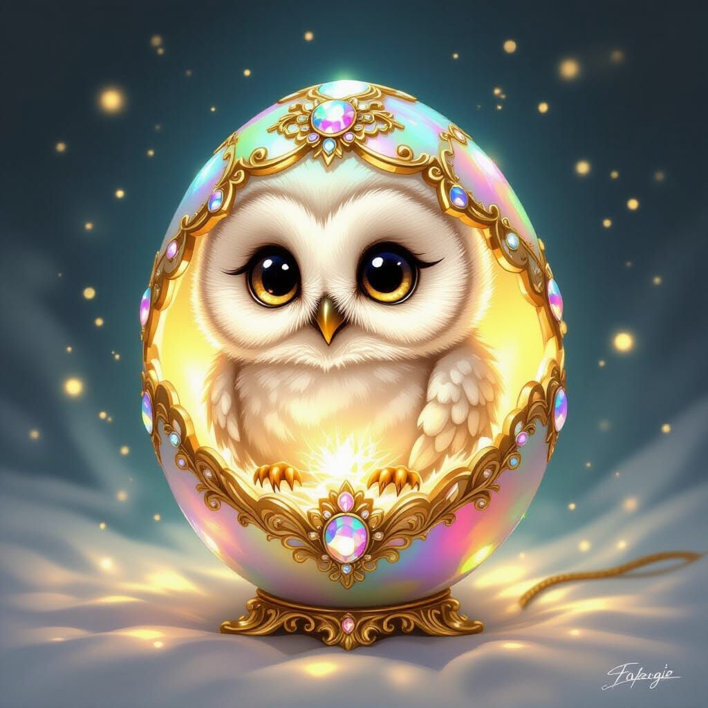 Iridescent Baby Owl Hatches from Fabergé Egg