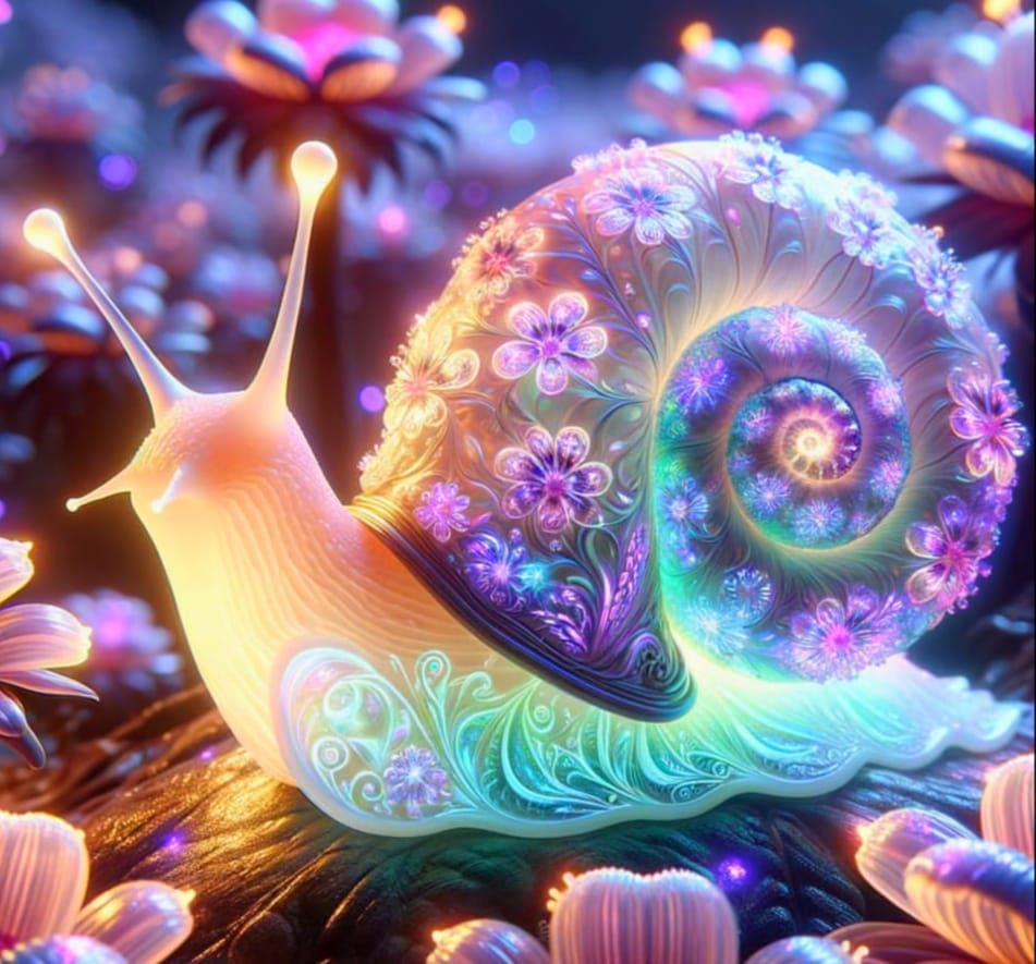 Spectacularly Glowing Snail in a Whimsical Alien Garden