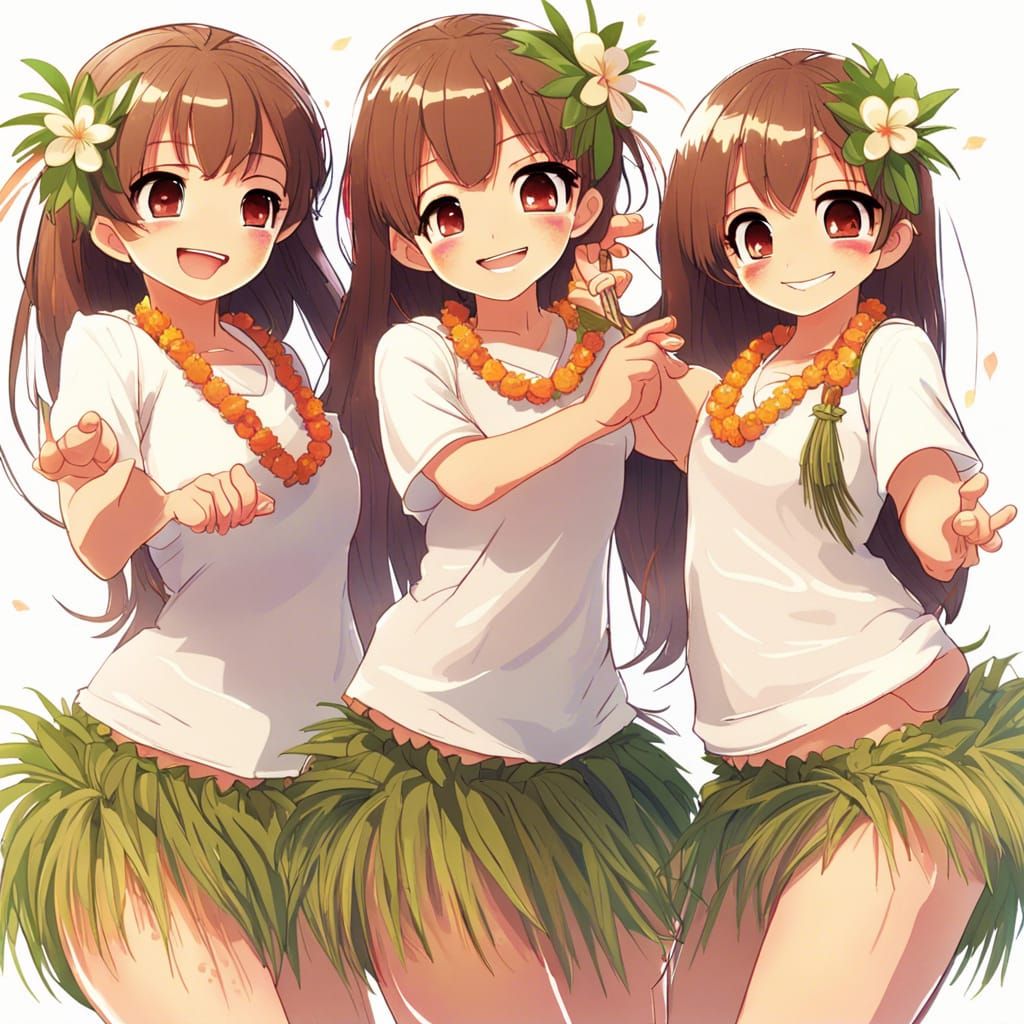 Three Smiling Hula Girls in Anime Style