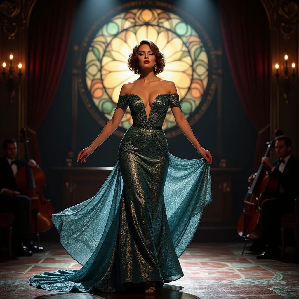 Captivating Woman in Art Nouveau Gown on Stage