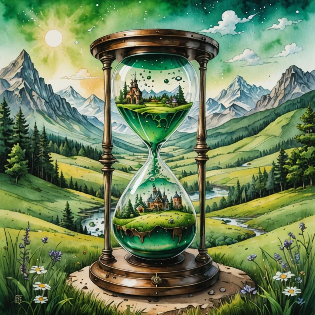 Steampunk Hourglass Microworlds in Ink and Watercolor