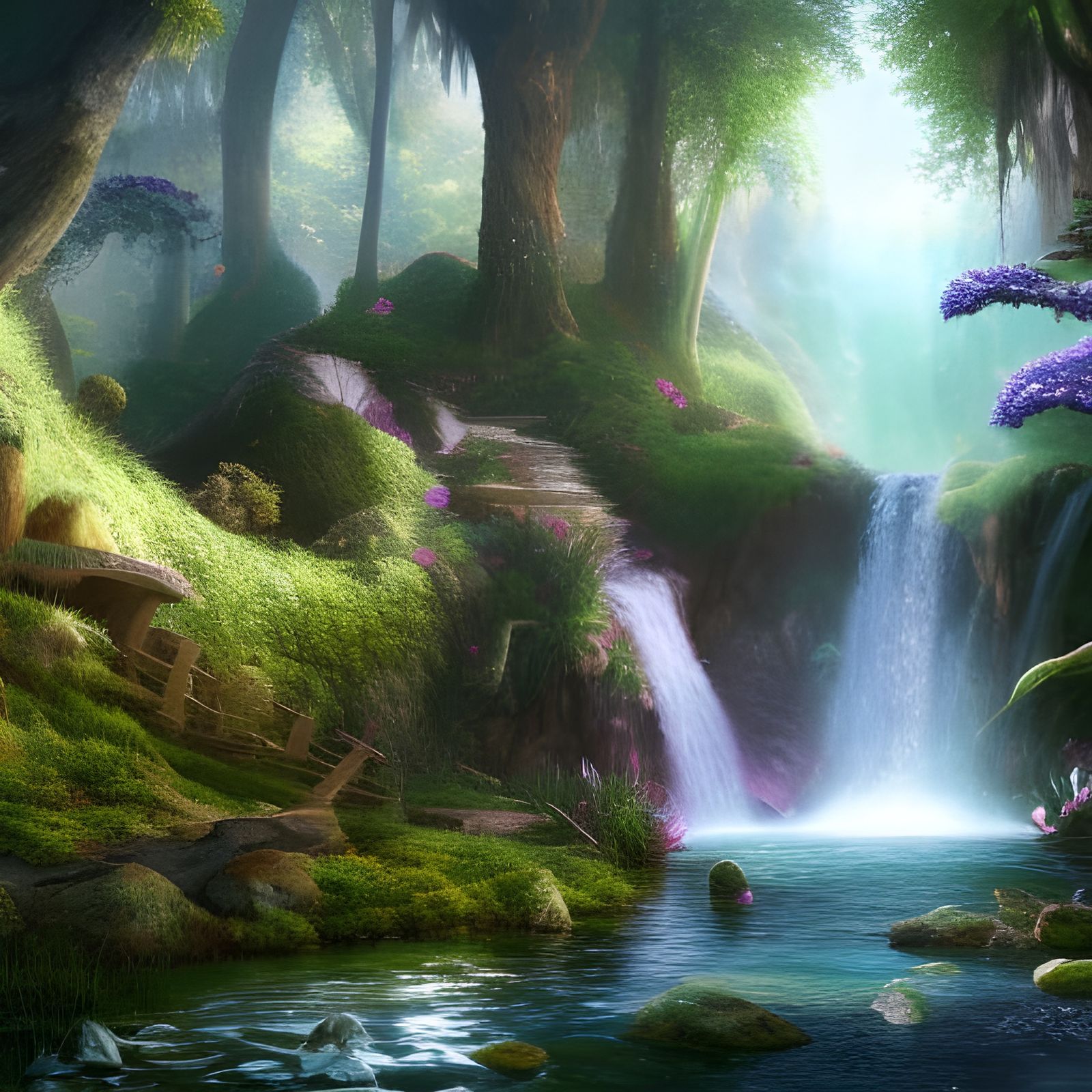 Ethereal Fantasy Scene with Waterfall in High Resolution