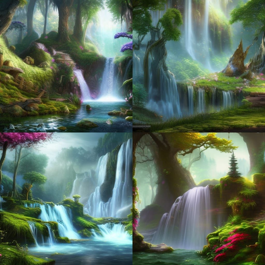 Ethereal Fantasy Scene with Waterfall in Detailed Digital Ar...