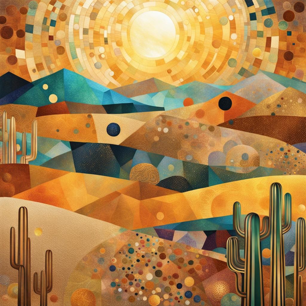 Klimt-Inspired Desert Sunrise with Geometric Shapes