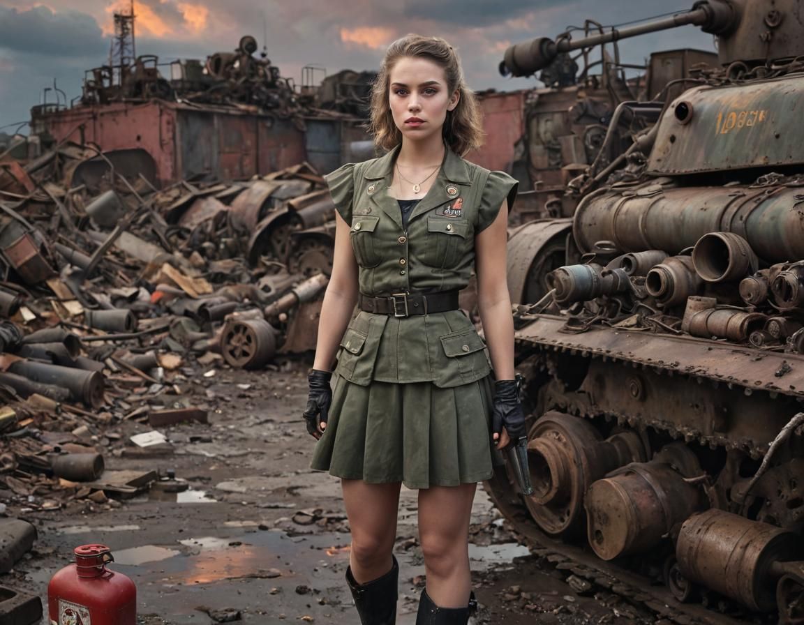 Dieselpunk Soldier and Panzer Tank in Industrial Wasteland