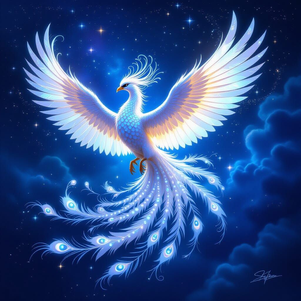 Pearl Phoenix in Flight: Ethereal Cosmic Fantasy Art