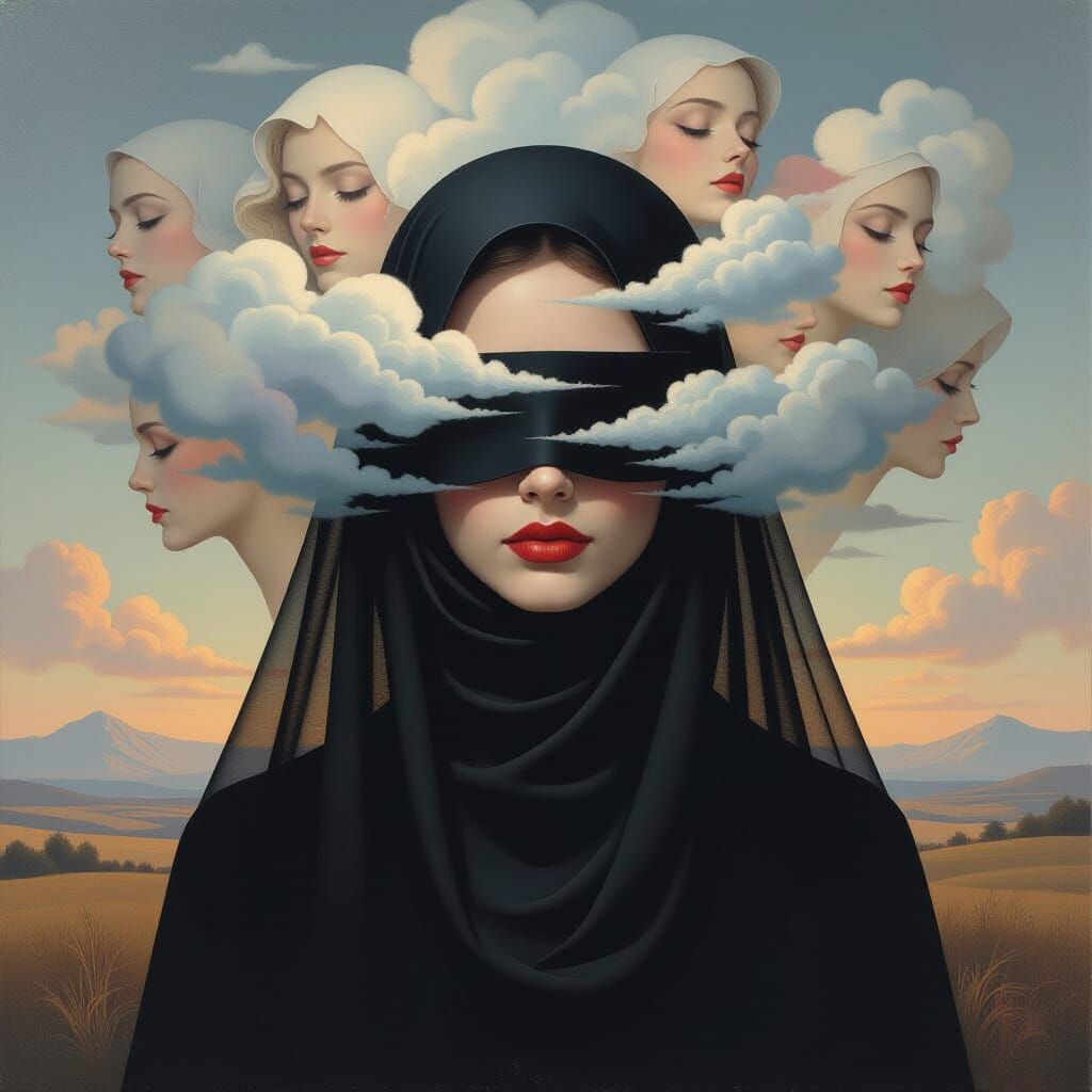 Surrealist Portrait of a Veiled Woman with Cloud Thoughts