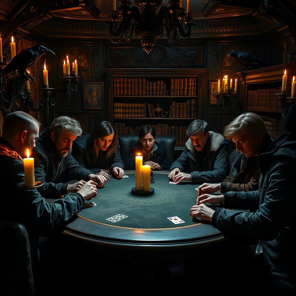 Friends Gather Around a Gothic Poker Table in a Dark, Moody...