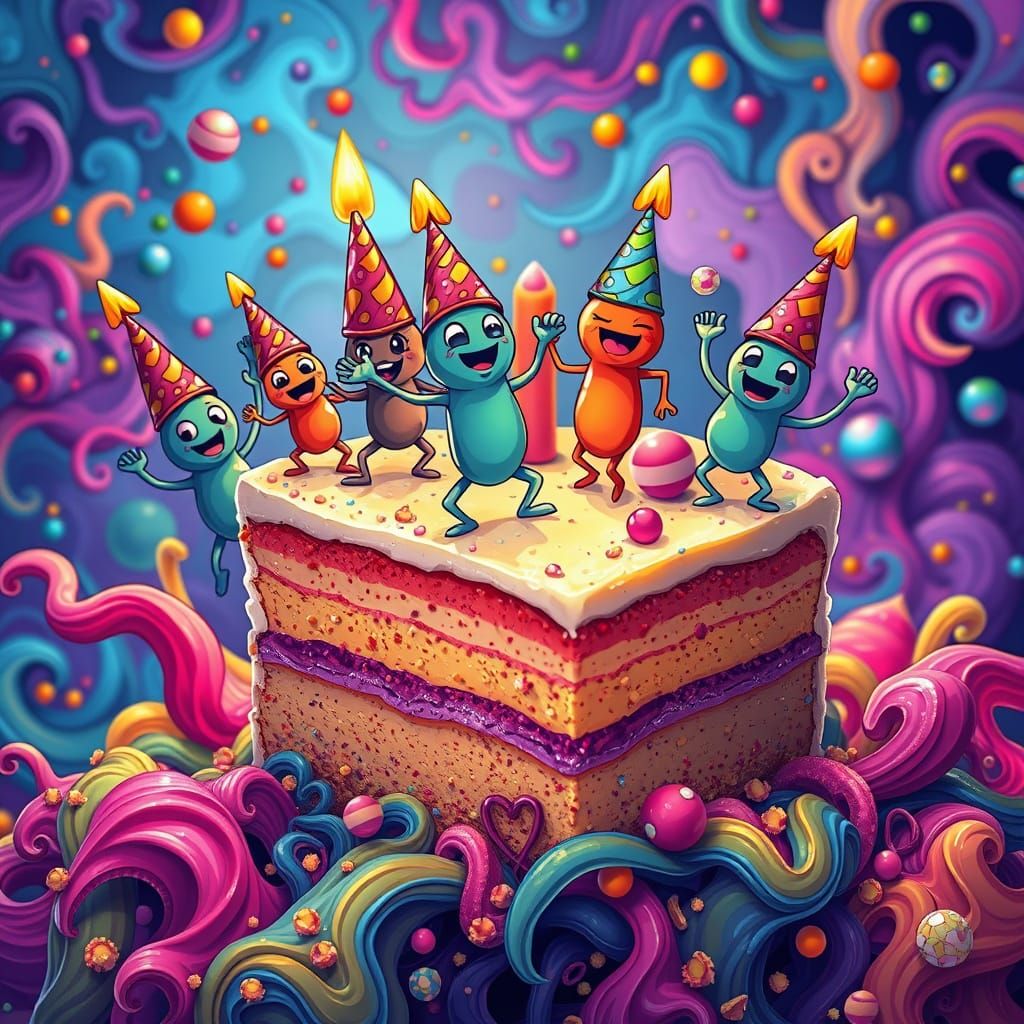 Dancing Microbes Celebrate on Birthday Cake in Alcohol Ink S...