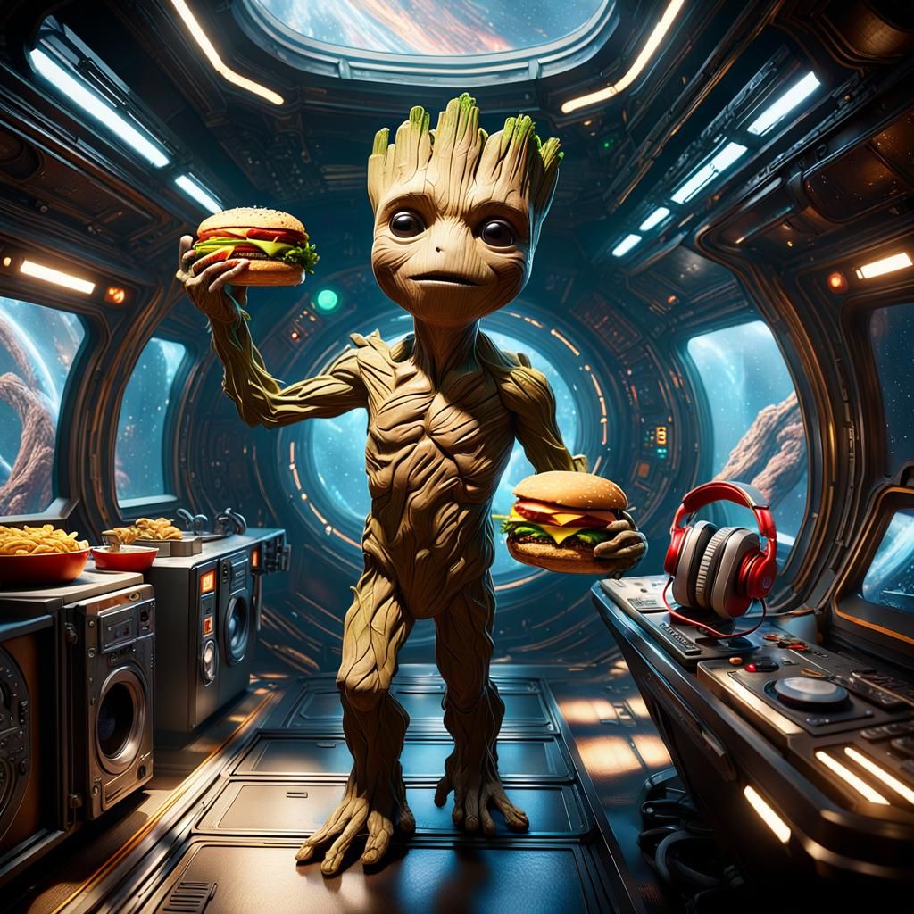 Little Groot Dances with Hamburger: Photorealistic 8K Art