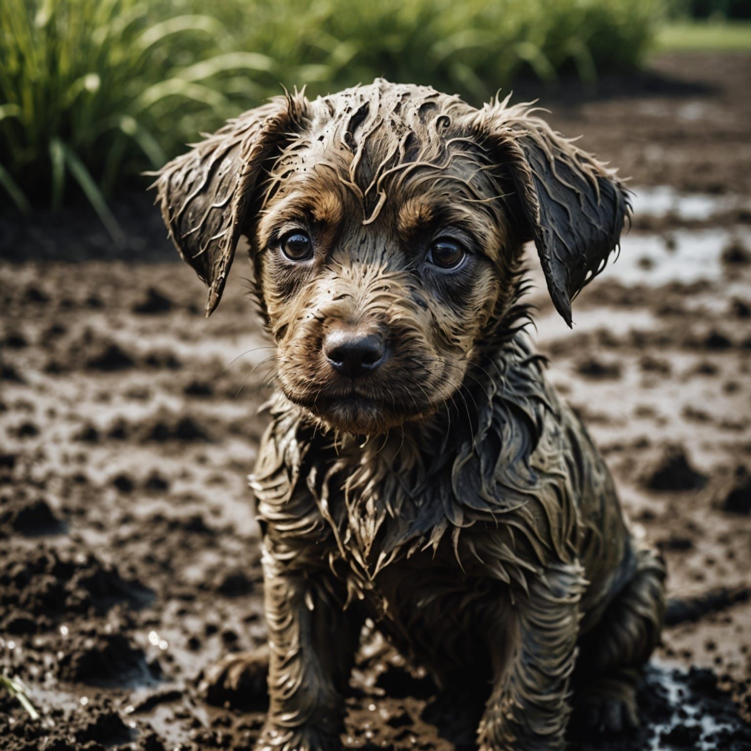 Cute Muddy Puppy in Grassy Park, Photorealistic Film Still