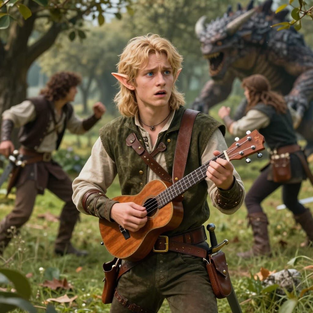 Elf Bard Plays Ukulele in Orchard Amidst Battle