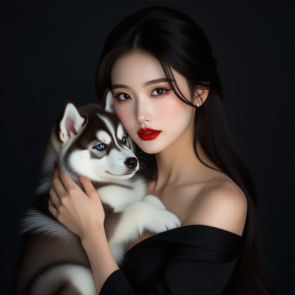 East Asian Woman with Puppy in Dramatic Cinematic Portrait