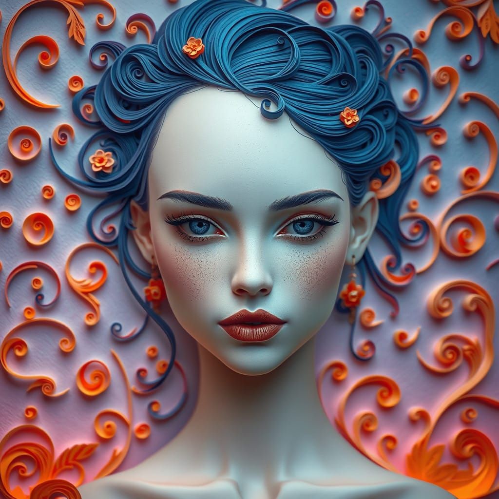 Whimsical Fantasy Woman Enveloped in Quilled Patterns