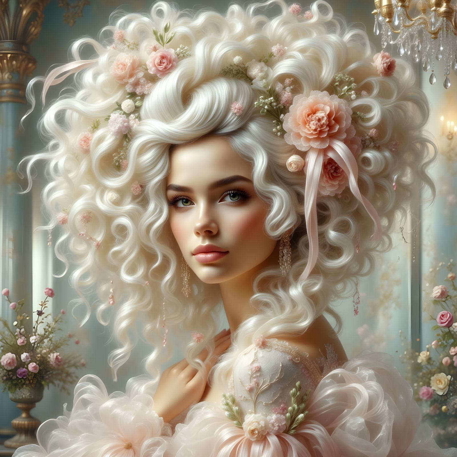 Rococo Lady with Towering Curls in Ballroom