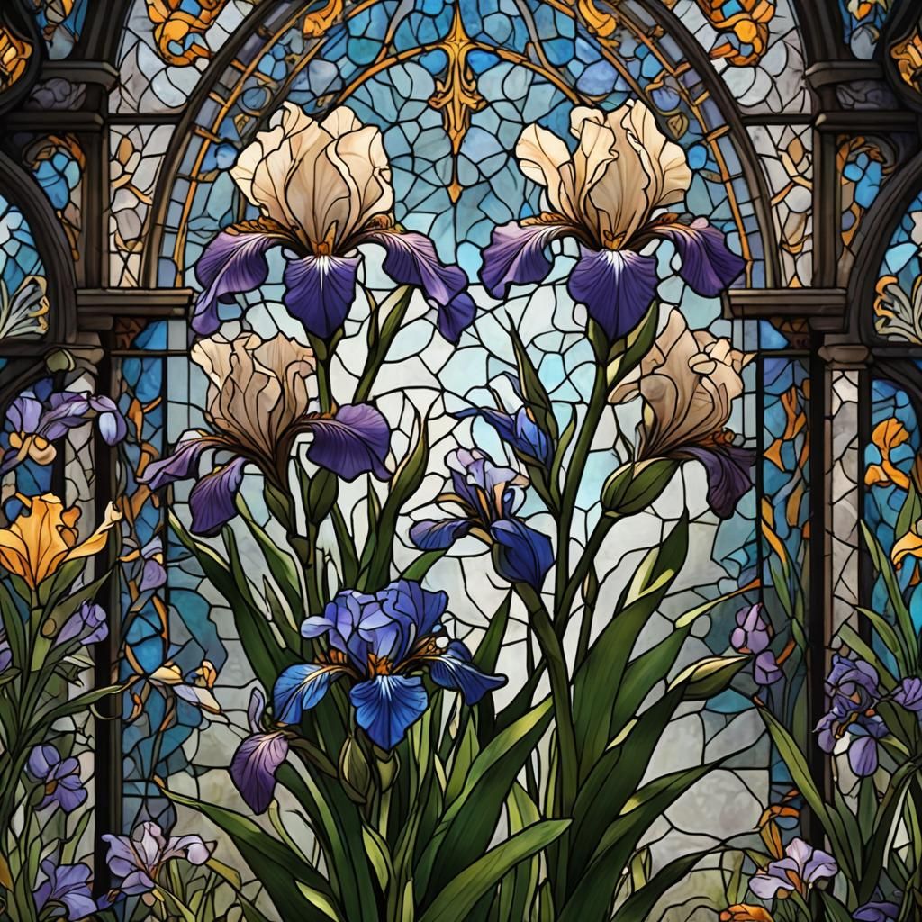 Stained Glass Iris Flower in Cathedral Style