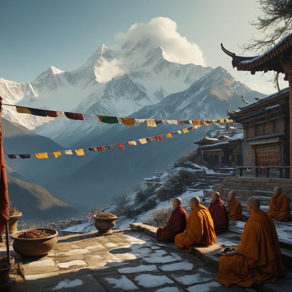 Himalayan Monks Meditating in Thangka Style