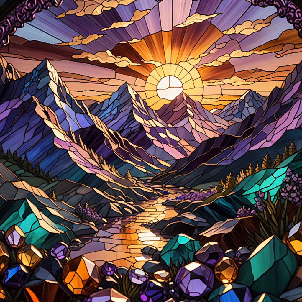 Surreal Stained Glass Landscape with Glowing Gems and Crysta...