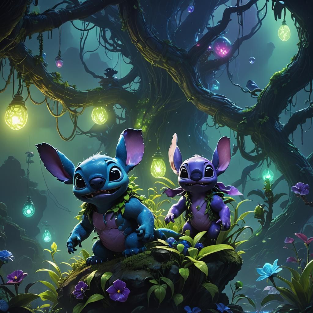 Mystical Lilo and Stitch in Dark Fantasy Art Nouveau