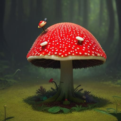Cute Fly Agaric Mushroom with Flower, Hyperrealistic